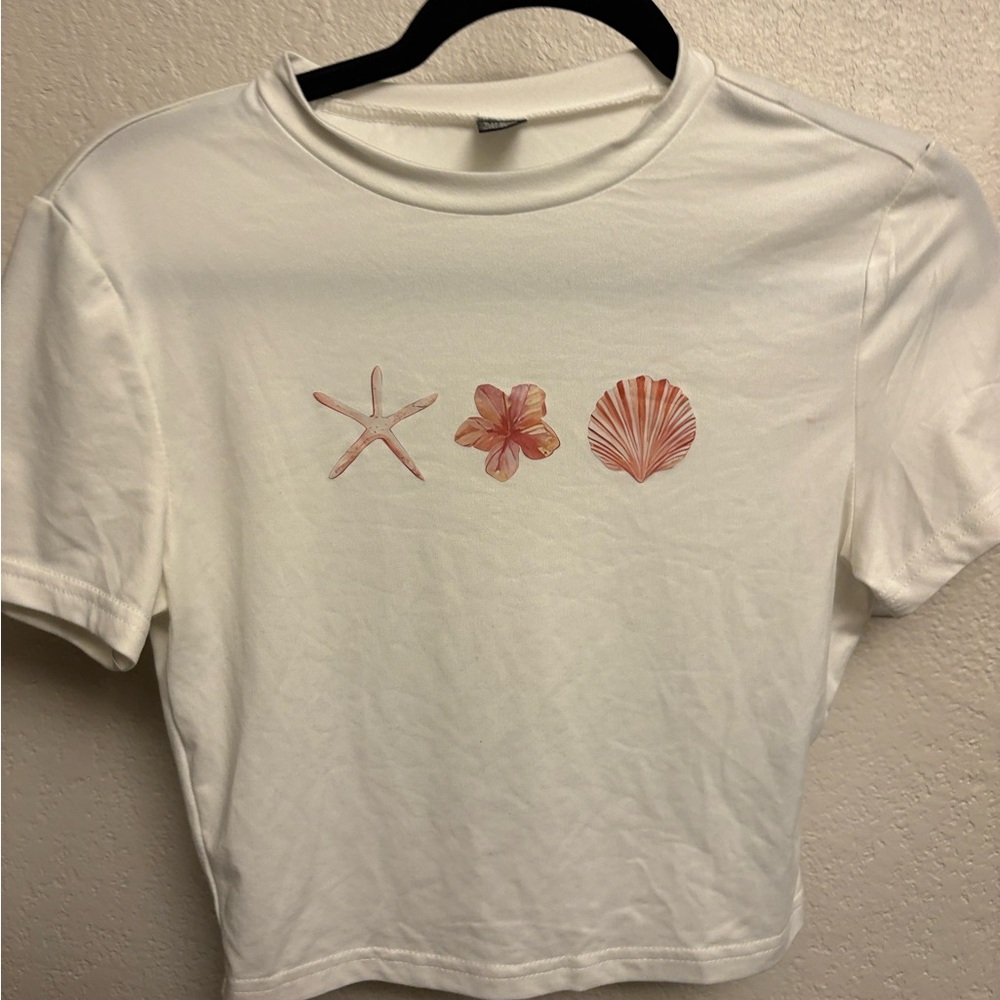 SHEIN White Tee with Pink Ocean Motifs